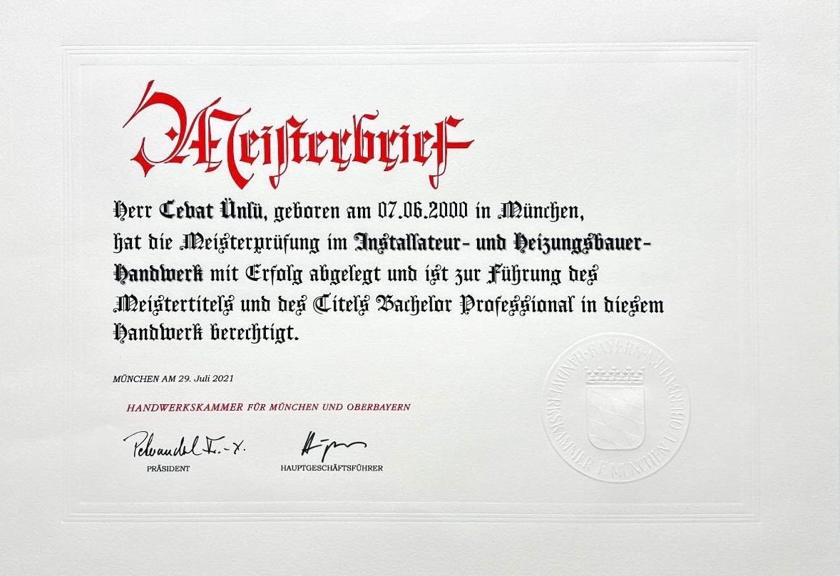 Meisterbrief der Handwerkskammer für München und Oberbayern – Cevat Ünlü, Installateur- und Heizungsbauer-Handwerk